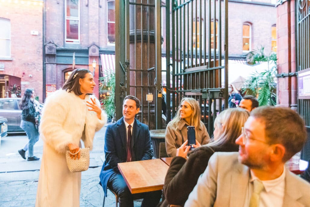 Bride arrives to drinks reception number one pub crawl Dublin