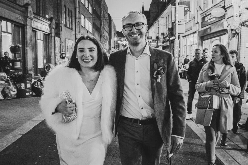 Candid wedding photo bride groom Dublin city Christmas