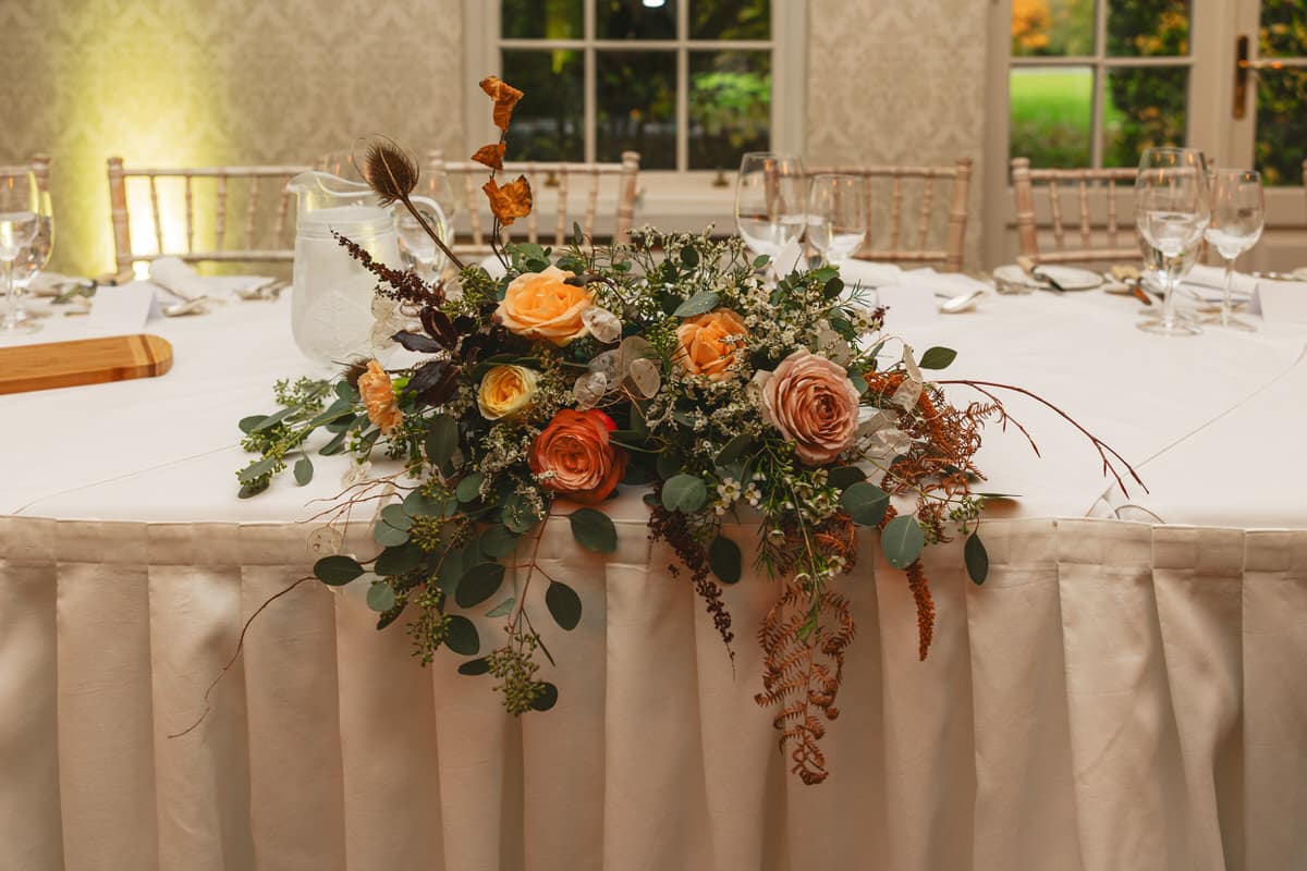 top table flowers at Autumn Rathsallagh House Wicklow Wedding